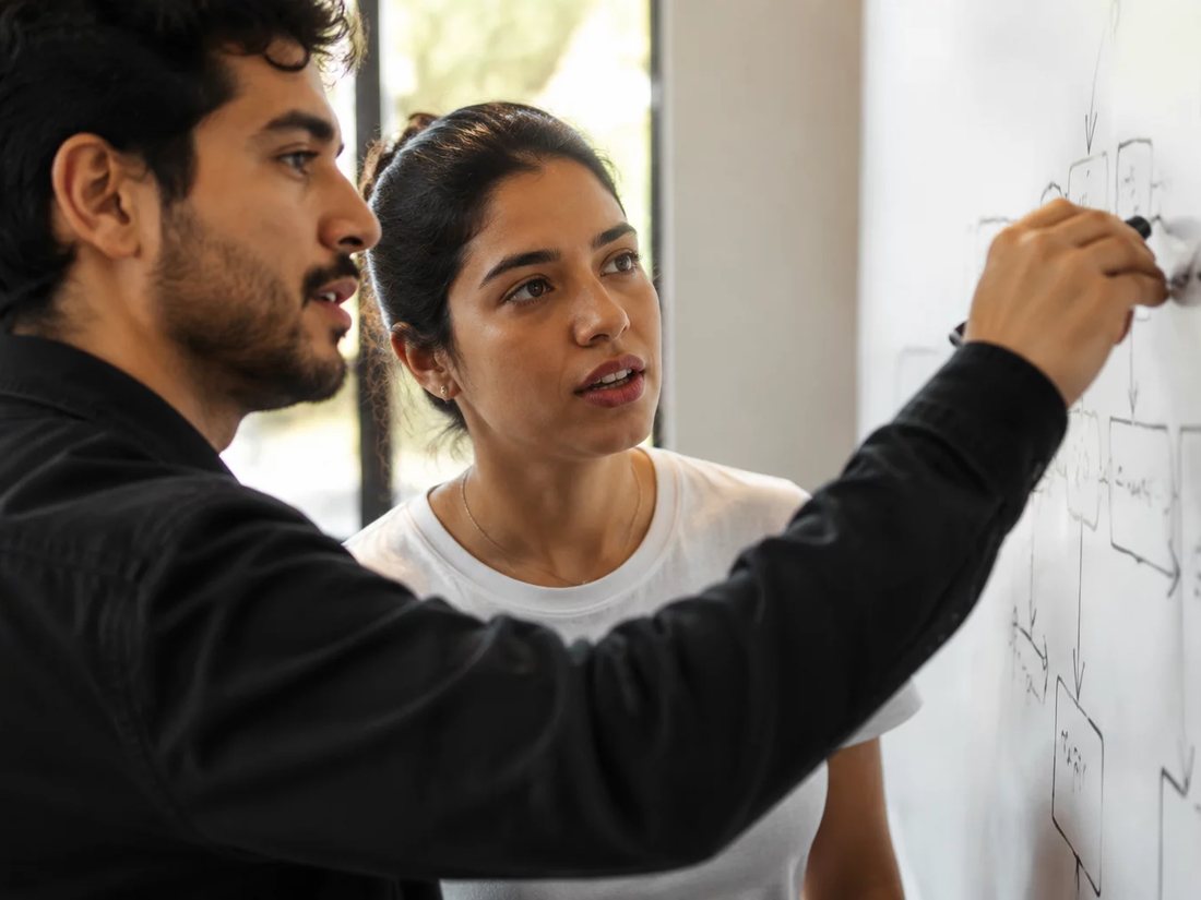 Dupla em pé diante de um quadro branco com o esqueleto de um argumento desenhado